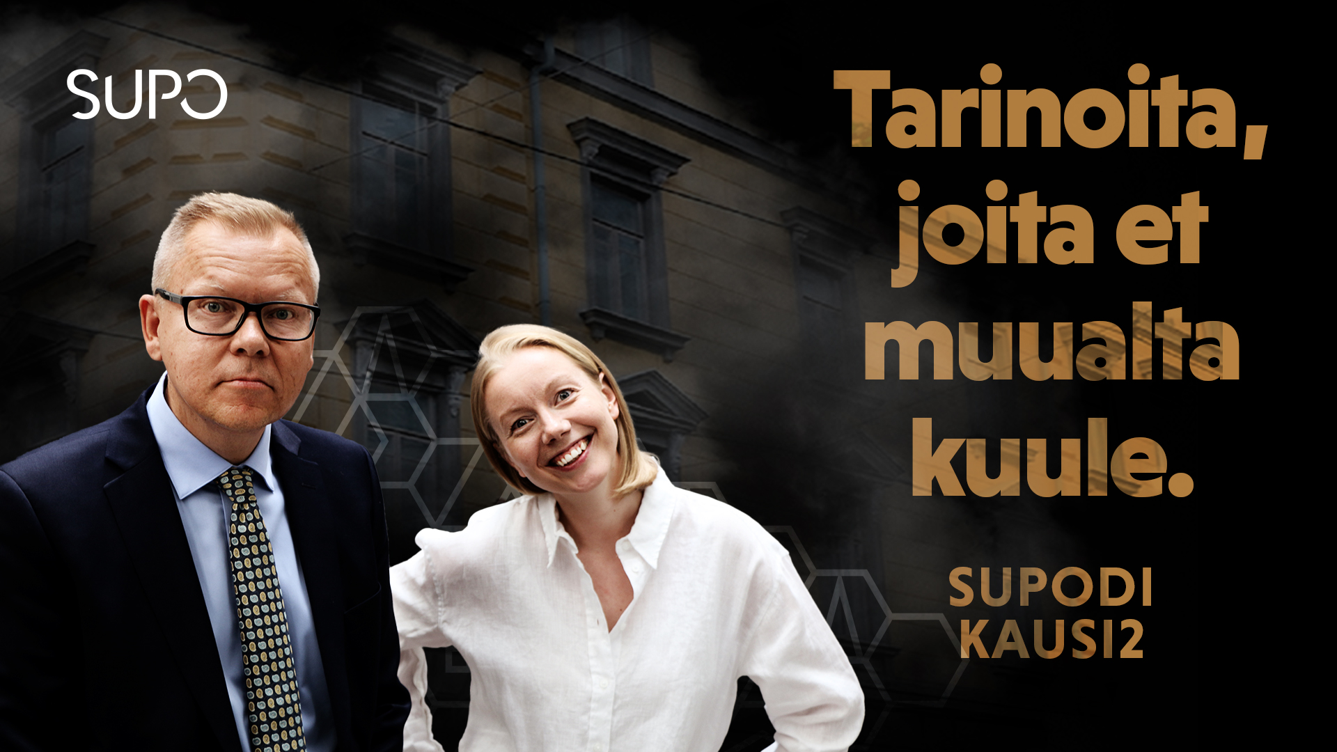 Supodin kansikuva, jossa Jyri Rantala ja Saana Nilsson. Taustalla Supon vanha päämaja Ratakadulla.