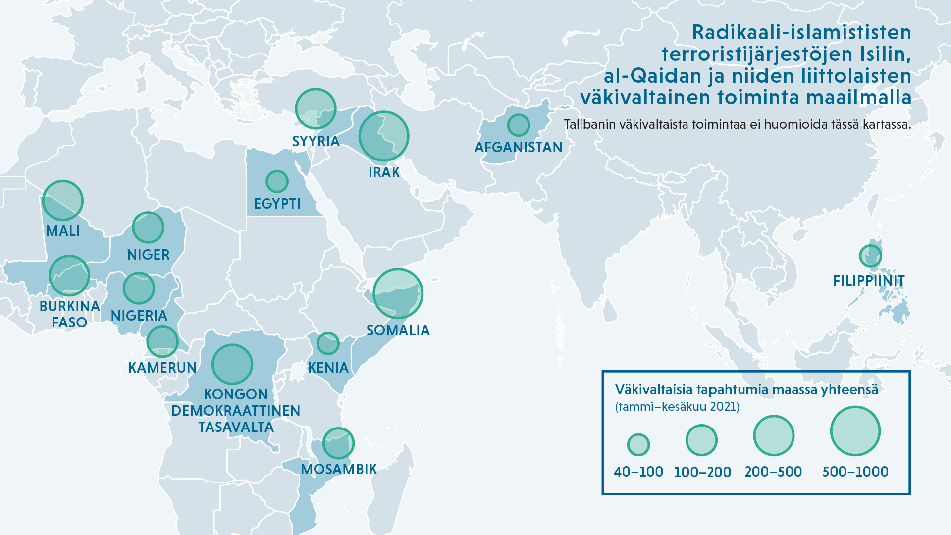 Kartta radikaali-islamististen terrorijärjestöjen Isilin, al-Qaidan ja niiden liittolaisten väkivaltainen toiminta maailmalla.