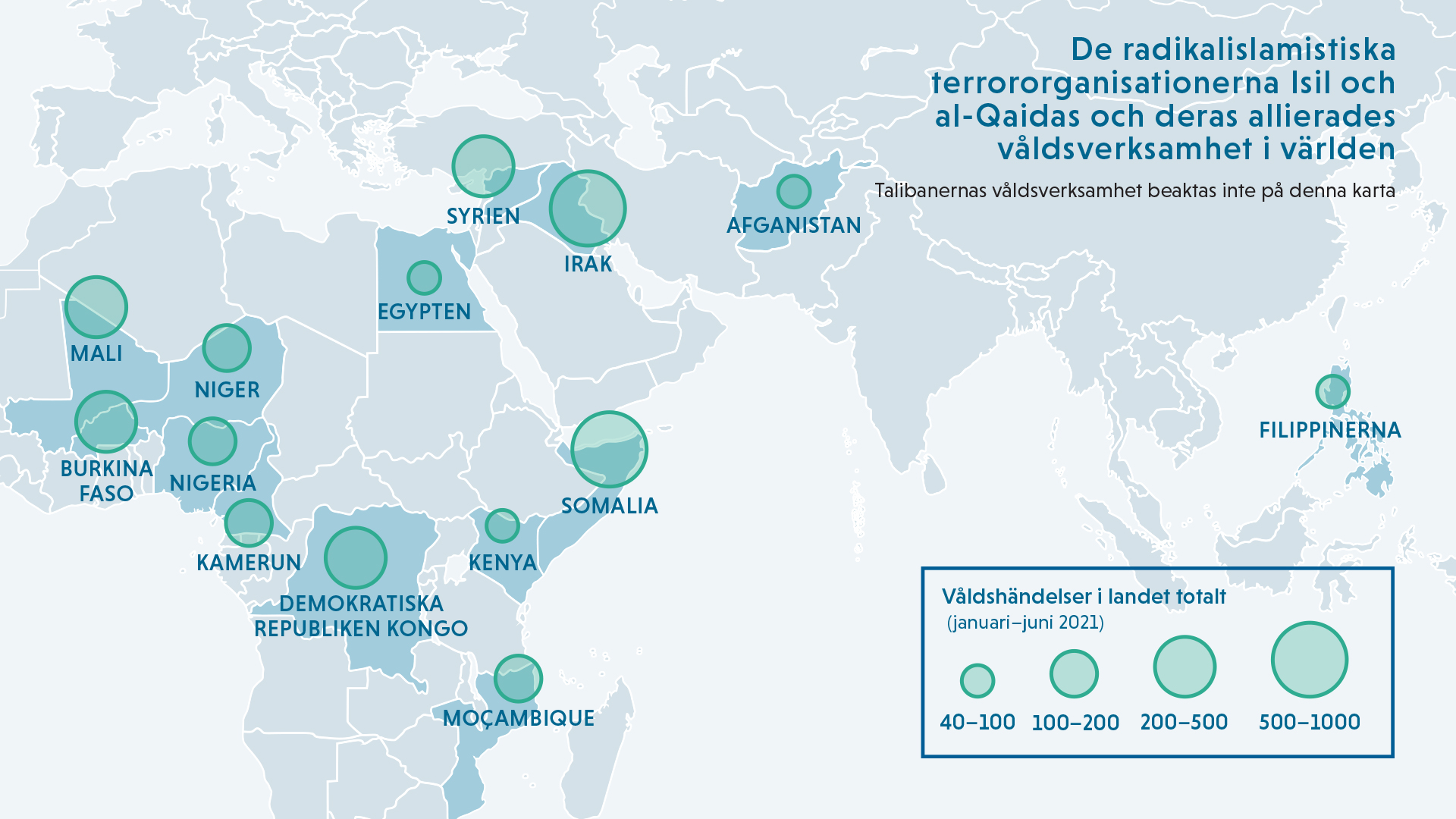 Kartan av de radikalislamistiska terrororgasationerna Isil och al-Qaidas och deras allierades våldsverksamhet i världen.