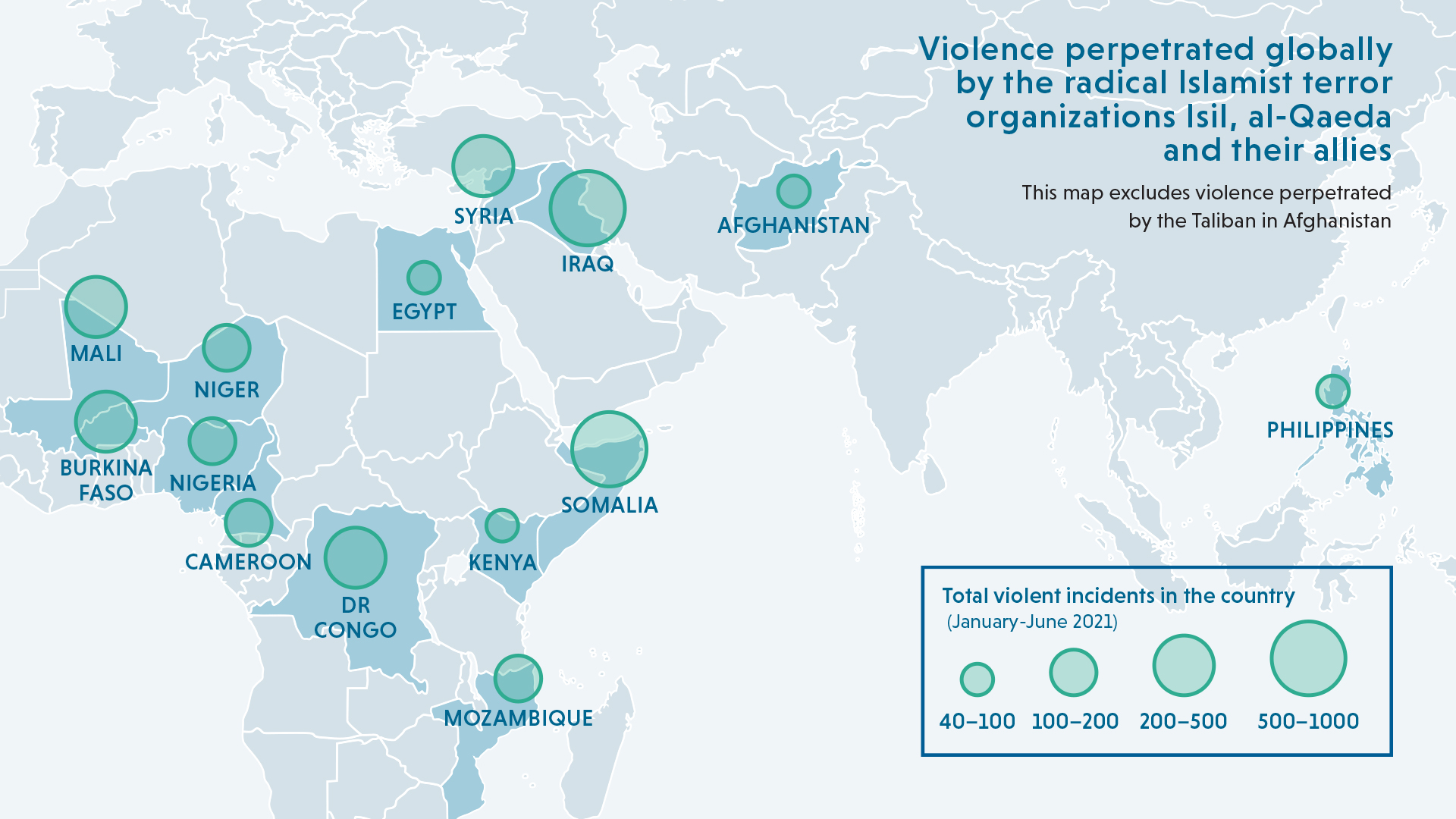 Map: violence perpetrated globally by the radical Islamist terror organizations Isil, al-Qaeda and their allies.